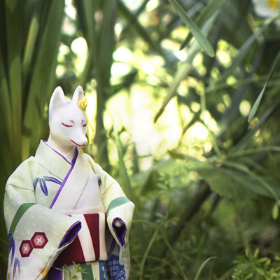 White fox standing among white daffodils beneath tunnel-like overgrown grass