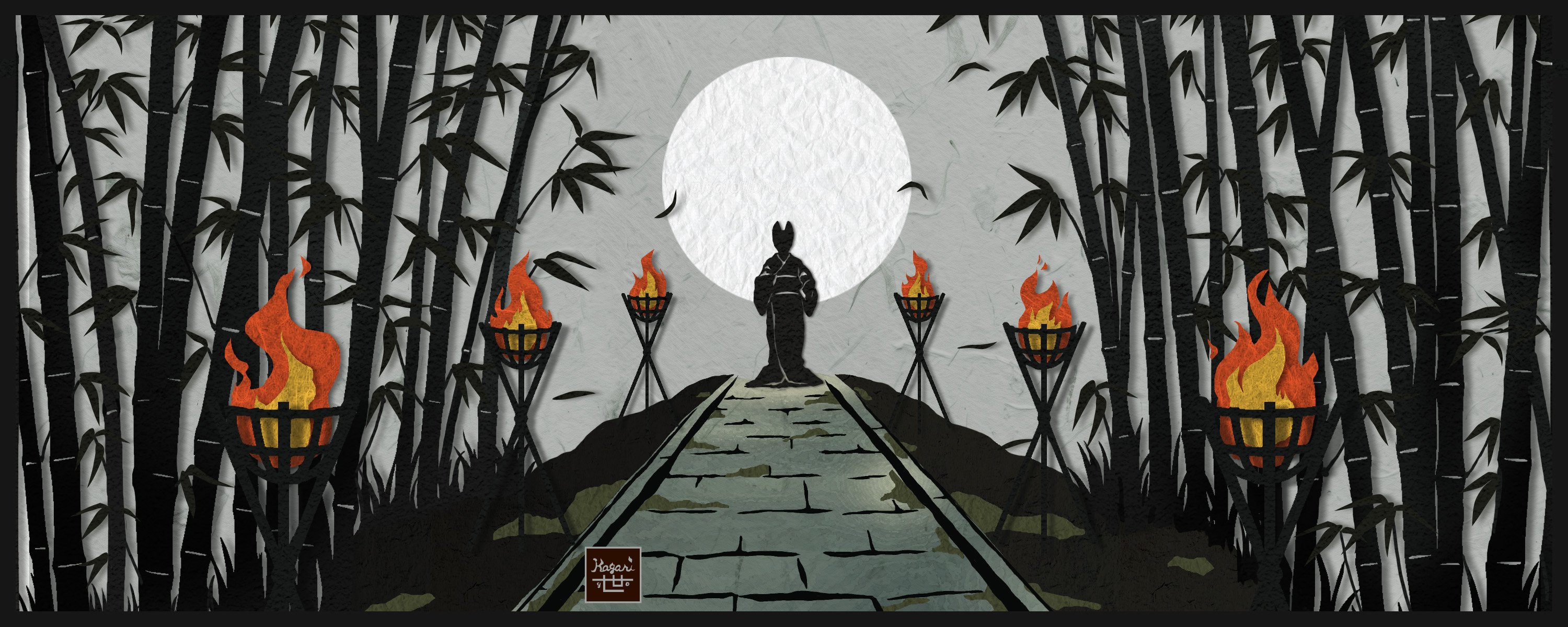 Papercut-style scene of a quiet bamboo path lit by ceremonial fires, inspired by the world of kagariyo